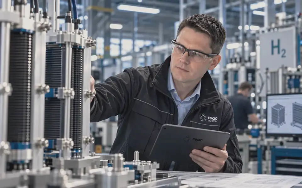 Symbolbild: Ingenieur an einem Elektrolyse-Stack in der Fertigung