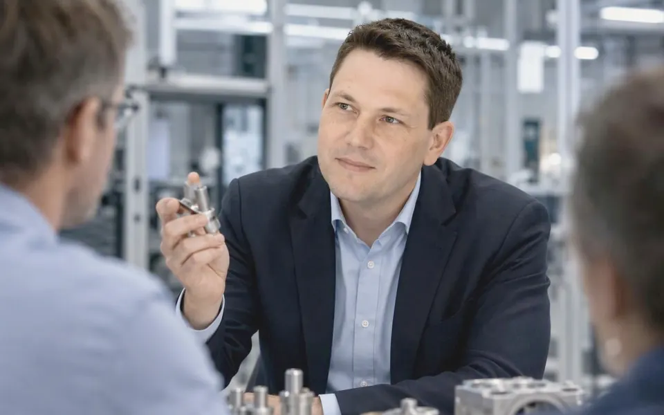 Symbolbild: technische Besprechung mit einem Bauteil in der Hand